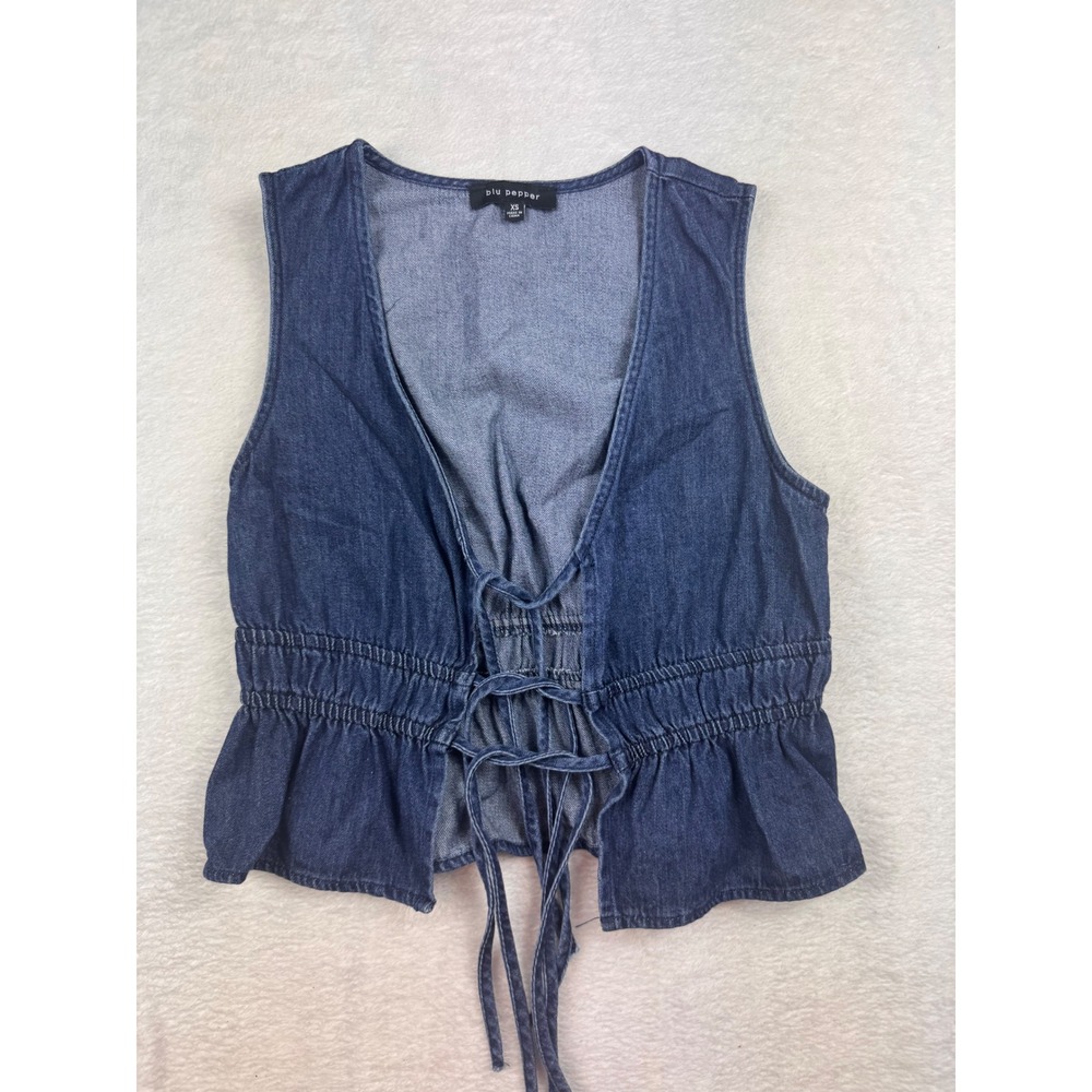 Blu Pepper Denim Tie Front Vest XS Boho Festival Renaissance Peplum Blue Top